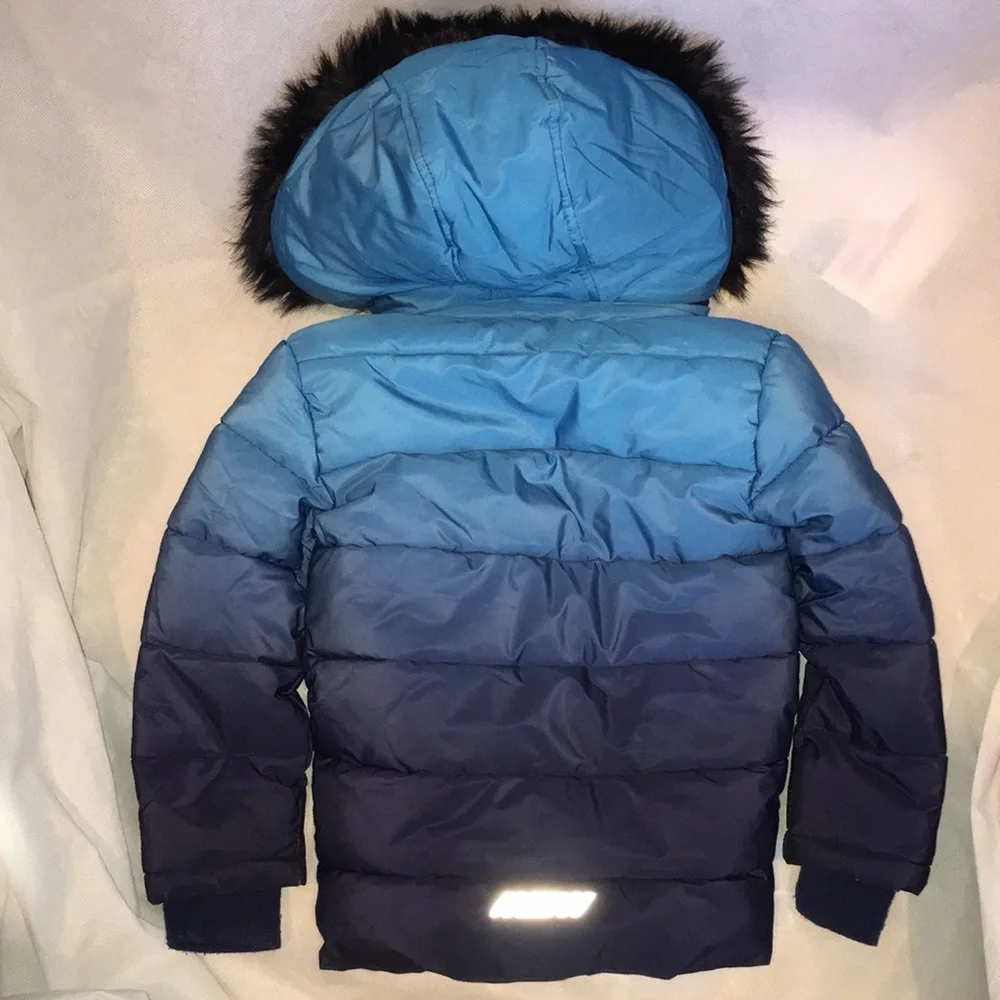 Kids Blue Ombre Puffer Jacket with removable Faux Fur Hood
